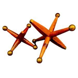 Two Wood & Brass Atomic MCM Style Jacks - Shelf Décor Bookends Home Accent